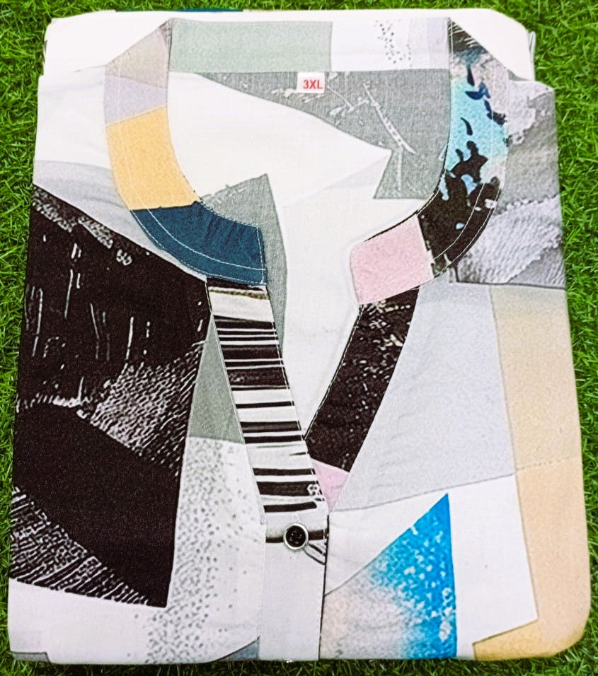 Collage-style fabric with abstract patterns on a grass background