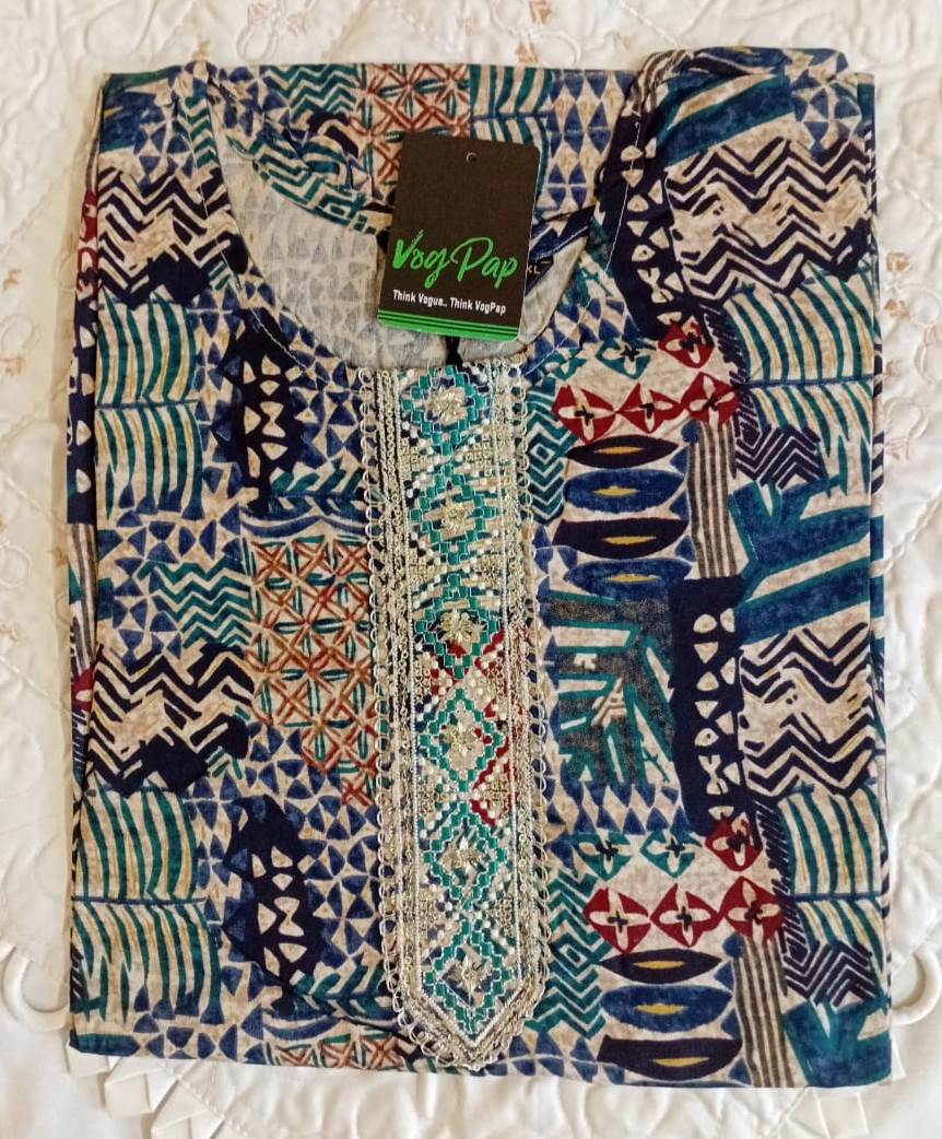 Patterned shirt with a visible brand tag on a textured white background