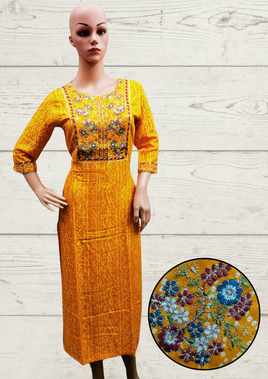 Yellow Bandhej print Embroidery work Casual wear Fancy kurti