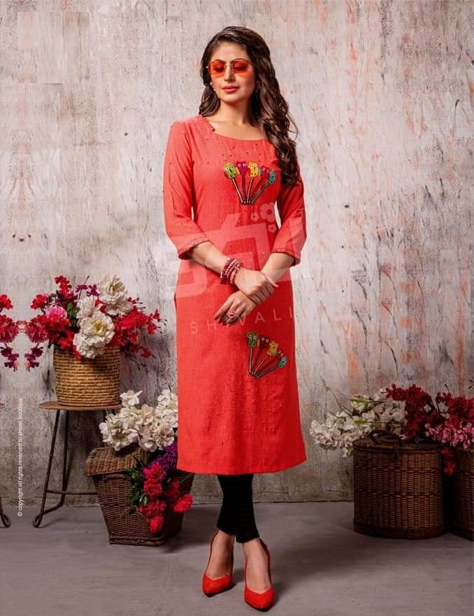 Cherry Red Handwork Straight Kurti