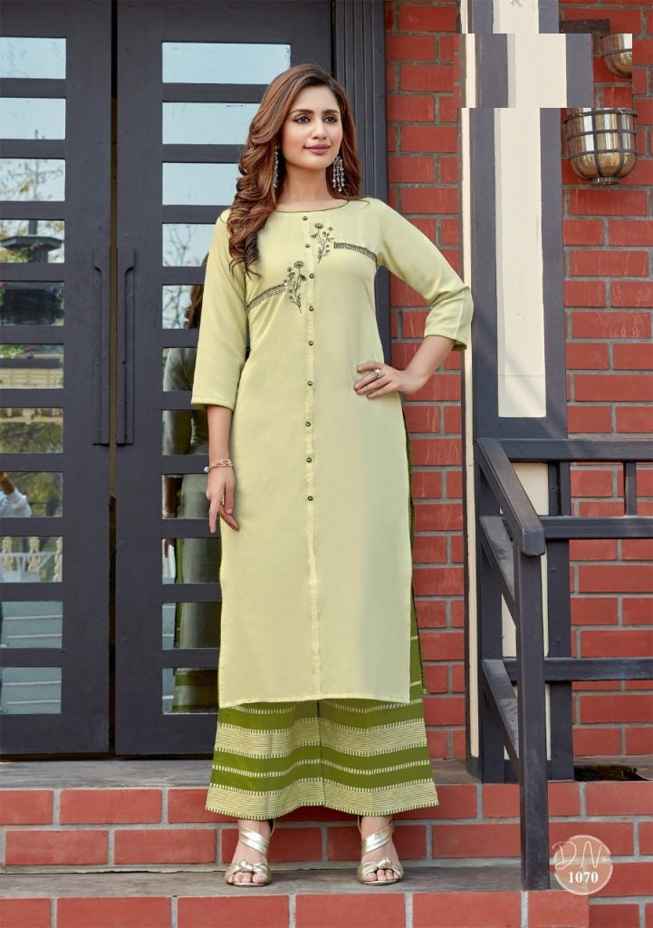 Pista Green Embroidery work Rayon Kurti with Green Rayon Palazzo