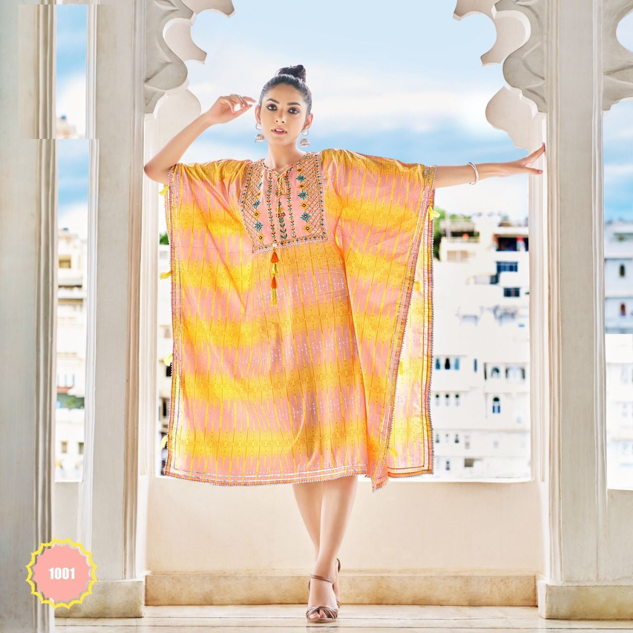 Pink and Yellow Kaftan with Fancy Embroidery