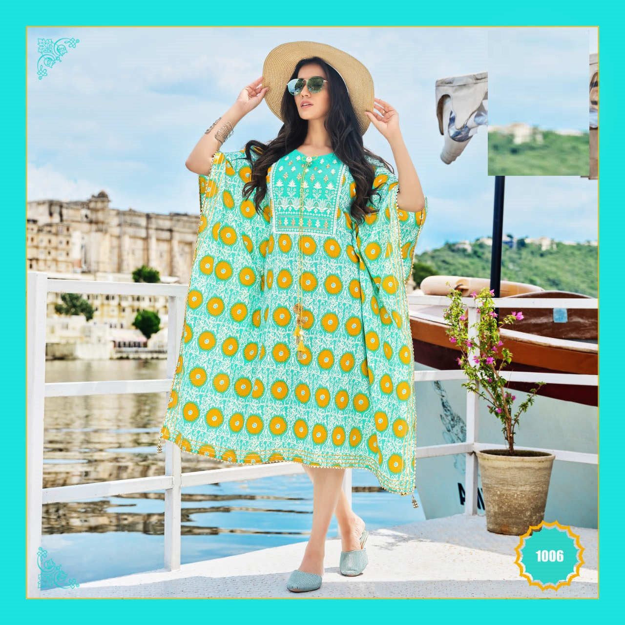 Pista & Yellow Kaftan with Fancy Embroidery