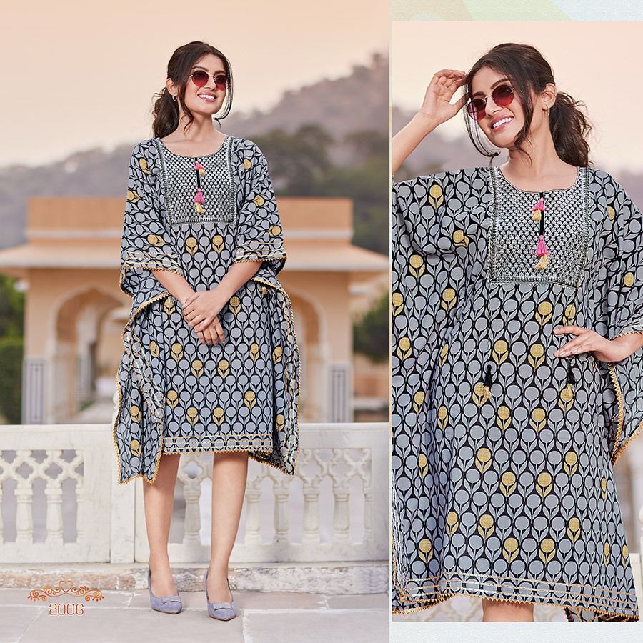 Grey Heavy Cotton Embroidered Kaftan Kurti