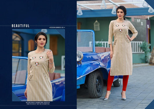 Beige Cotton Kurti with White Strips and Embroidery Work