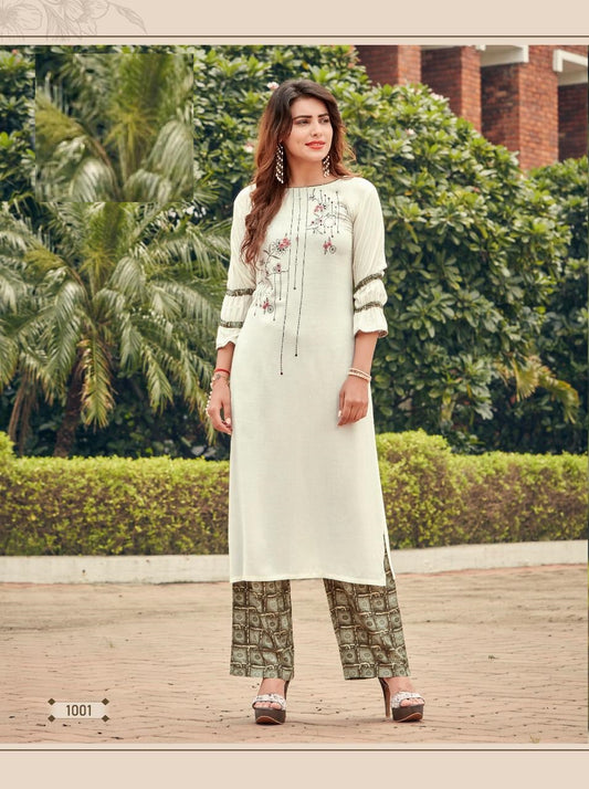 White Rayon Embroidery Work Kurti with Multicolor Palazzo Colourkit 1001