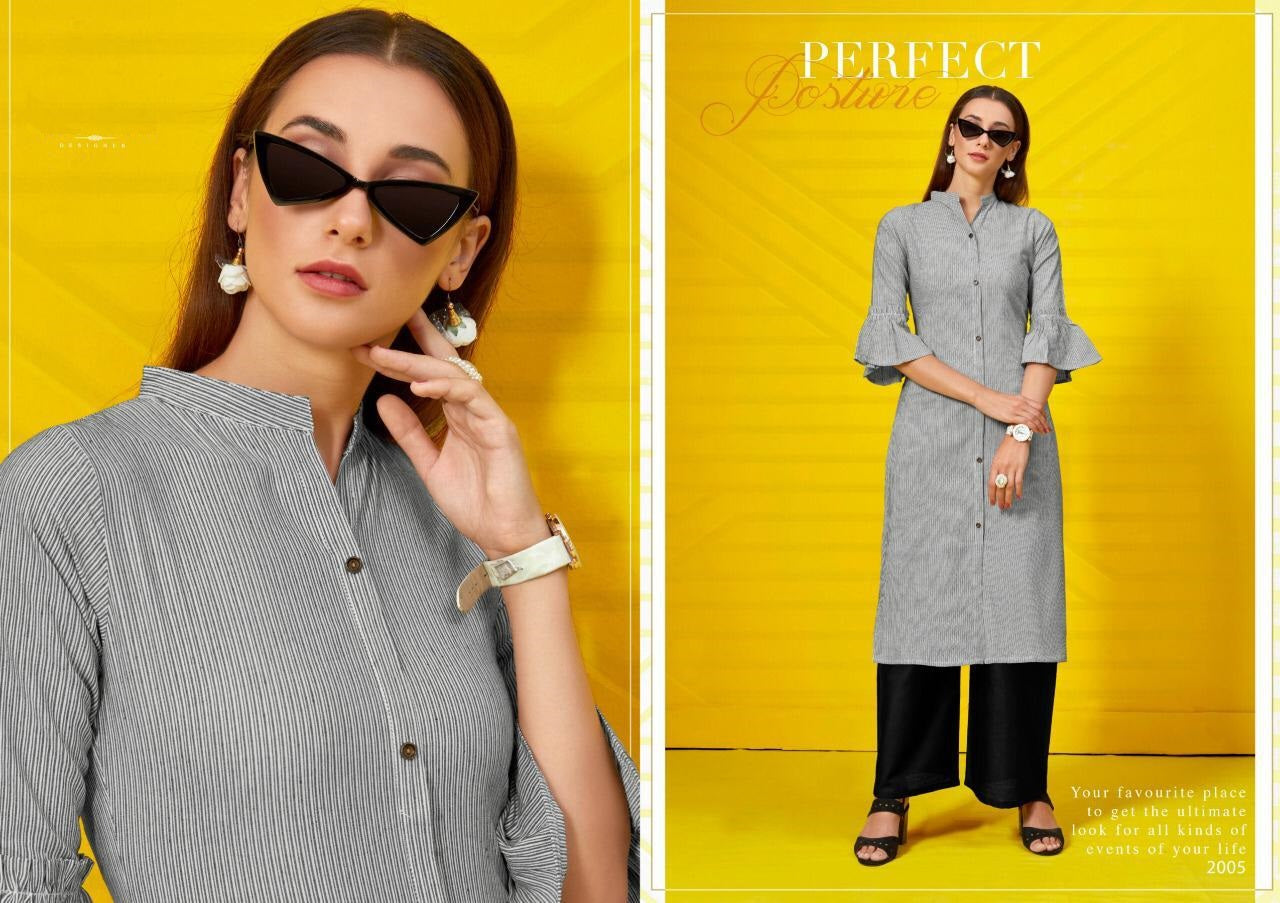 Black and White Cotton Strip Kurti With Black Cotton Palazzo