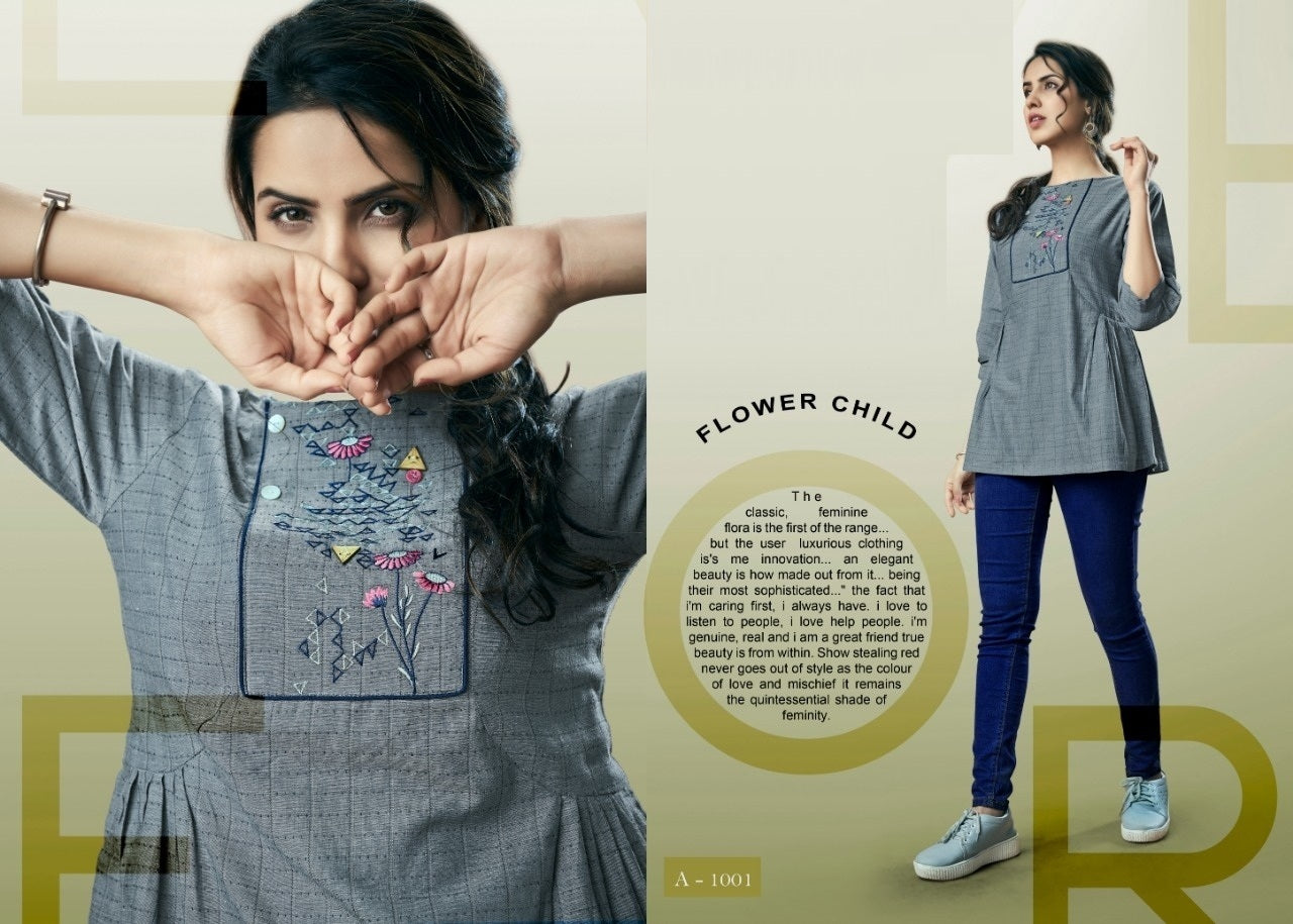 Grey Fancy Cotton Jacquard & Weaved Fabric Top with Embroidery Work