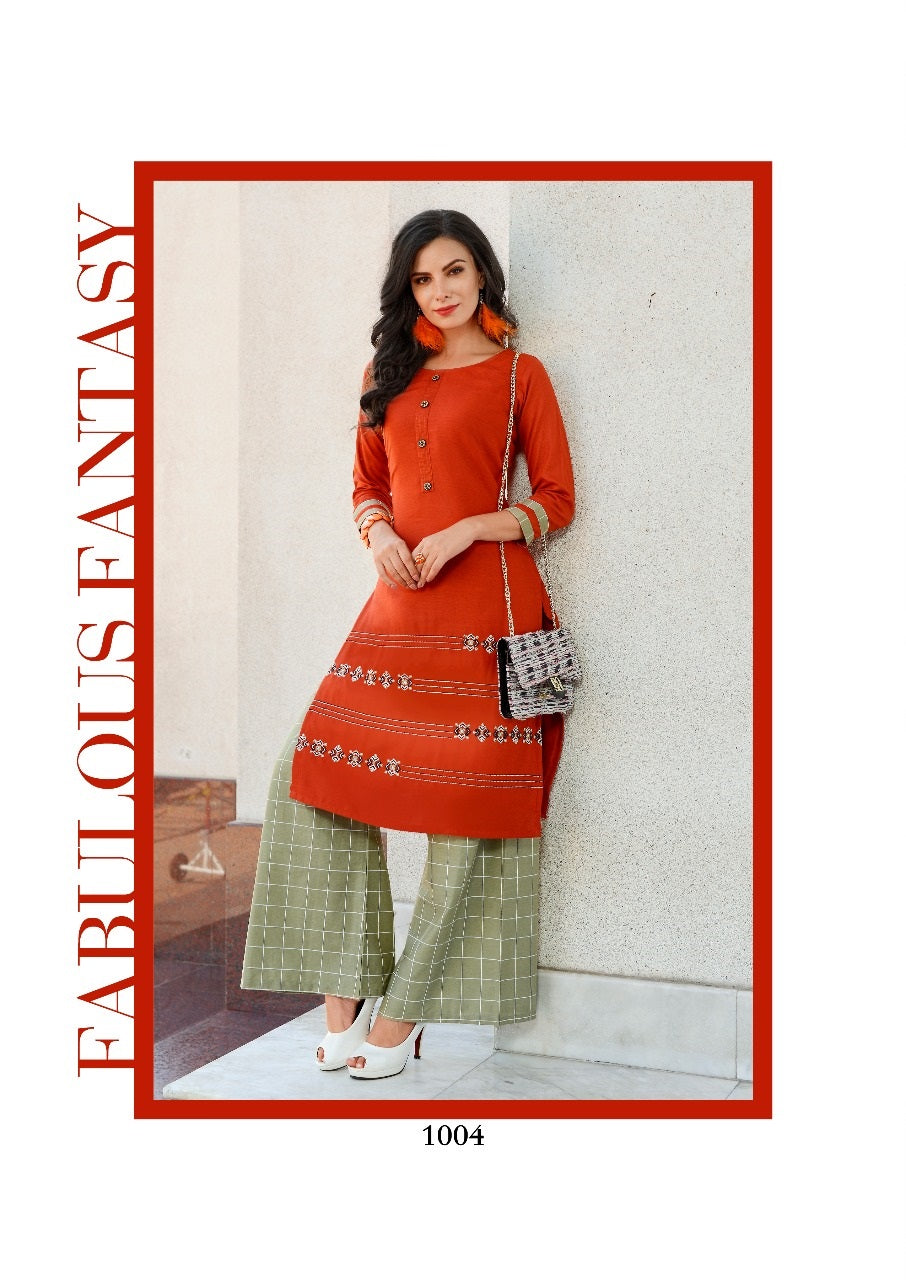 Orange Embroidery work Rayon Kurti with Mehandi Rayon Palazzo