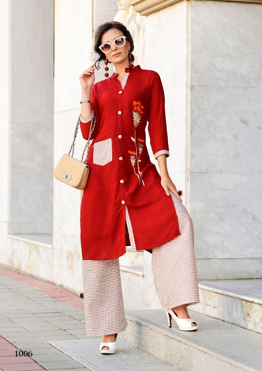 Maroon Heavy Rayon with Embroidery Work Kurti with Red and White Cotton Printed Palazzo