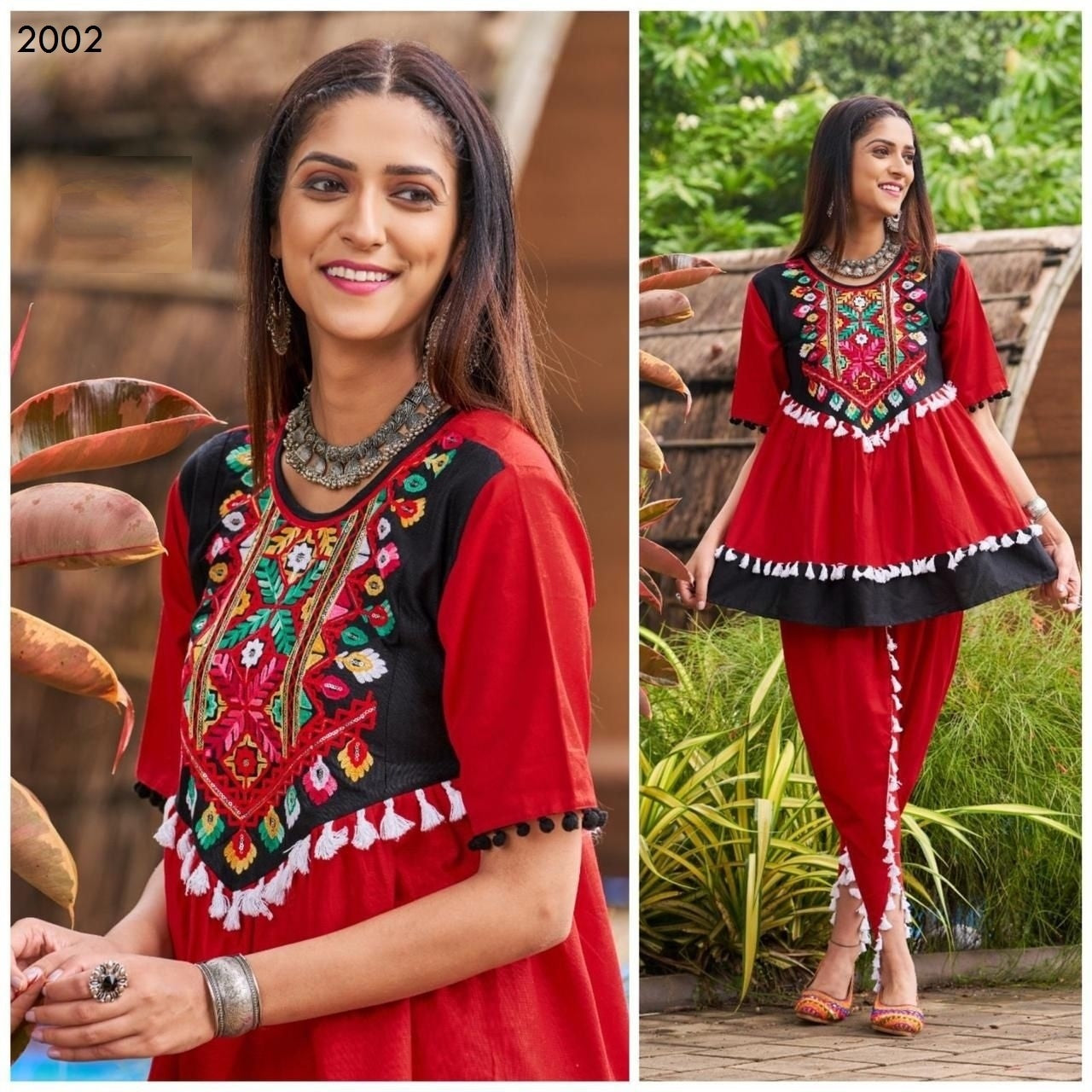 Red Mochi Bharat khadi Embroidery and Handwork kedia and multi stripie tulip pants A186