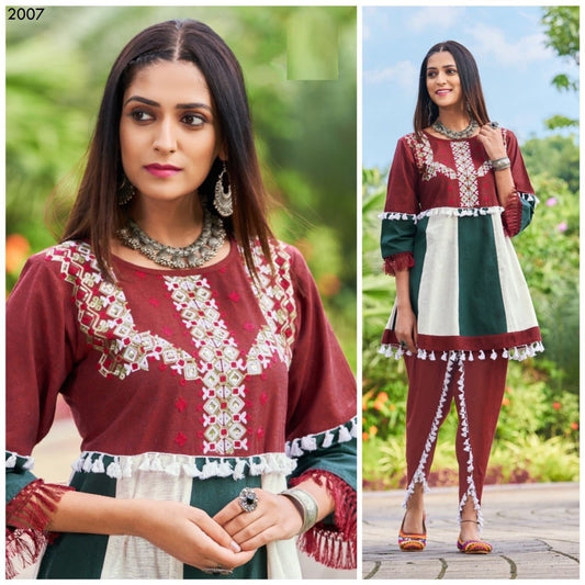 Maroon and multicolor Mochi Bharat khadi Embroidery and Handwork kedia and multi stripie tulip pants A189