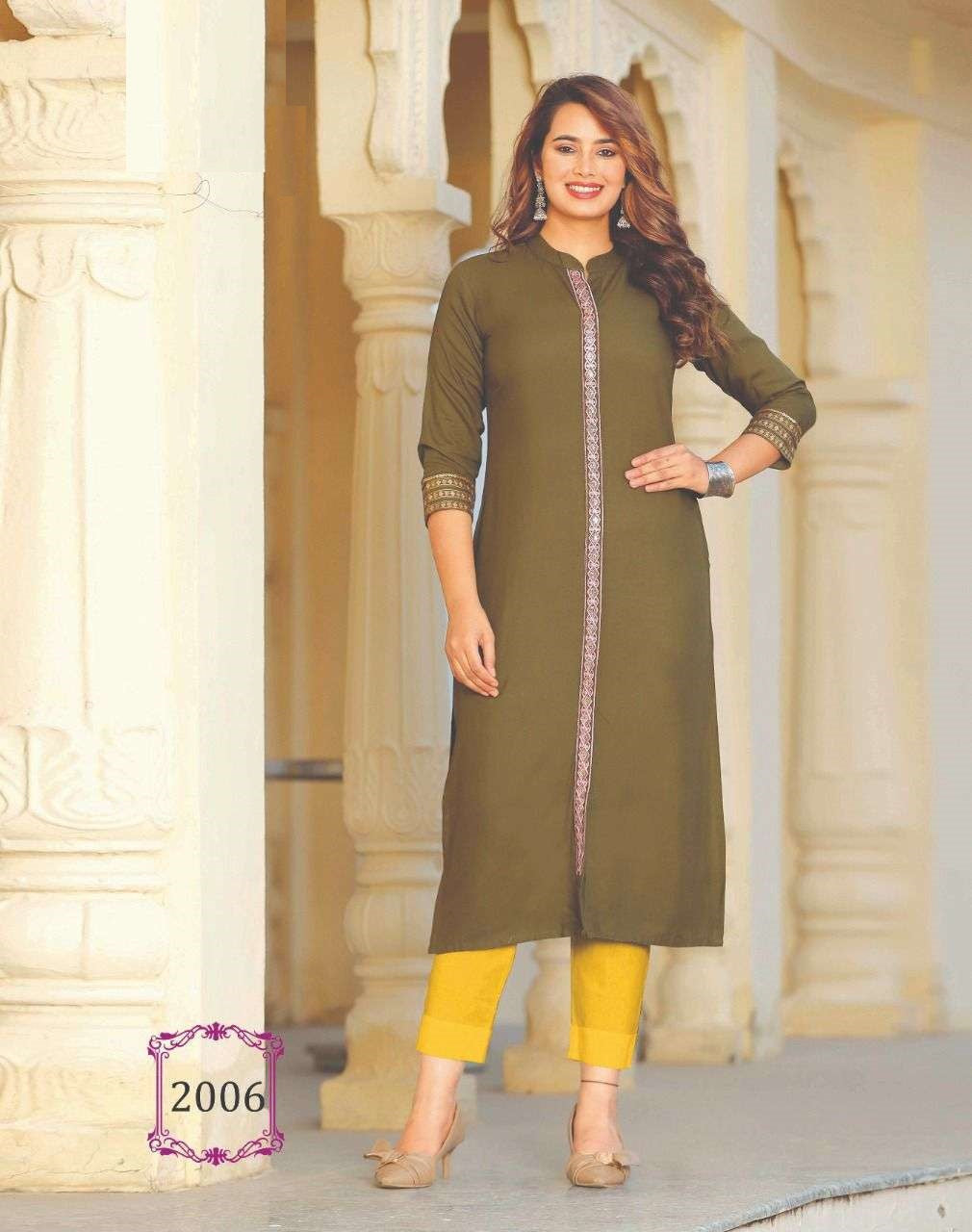 Mehandi Heavy Rayon Embroidery Work Kurti A190