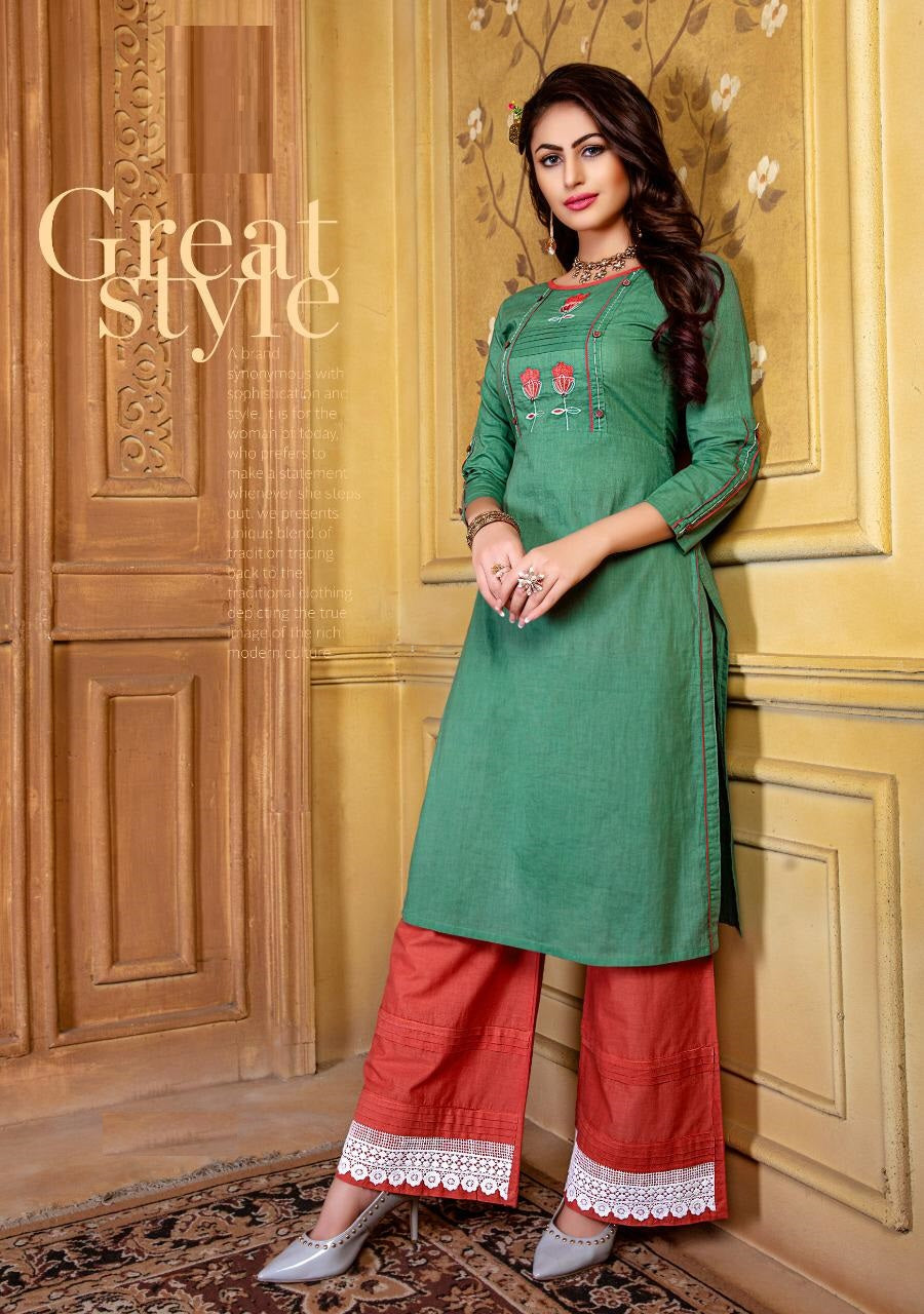 Green Heavy Rayon Embroidery Work Kurti & Rayon Pink Palazzo A312