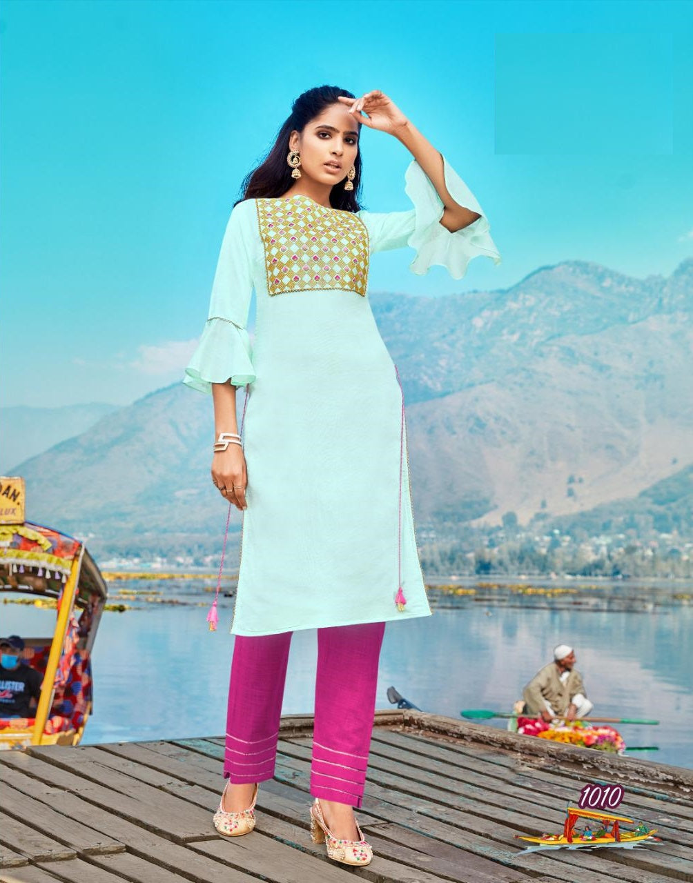 Sky Blue Straight Fir Kurti With Purple Pant