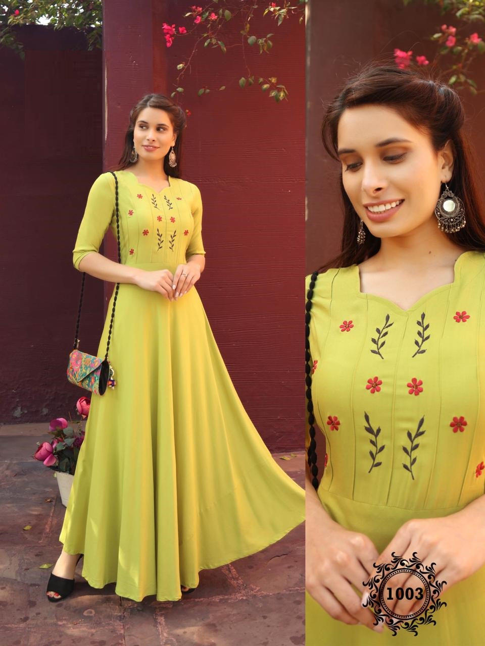 Green Rayon Plain Kurti with Embroidery work