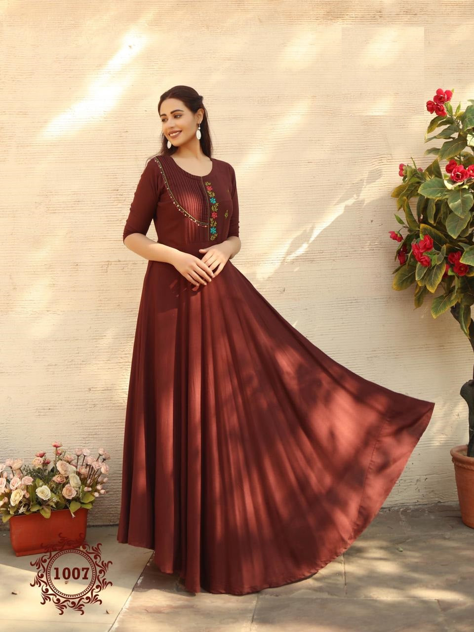 Brown Rayon Plain Kurti with Embroidery work