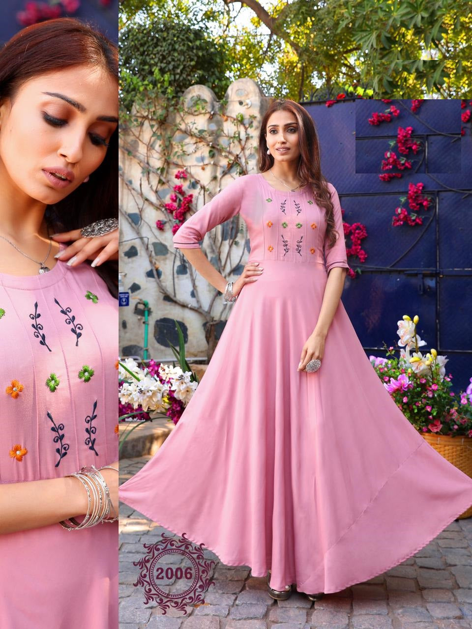Pink Rayon Kurti with Embroidery work