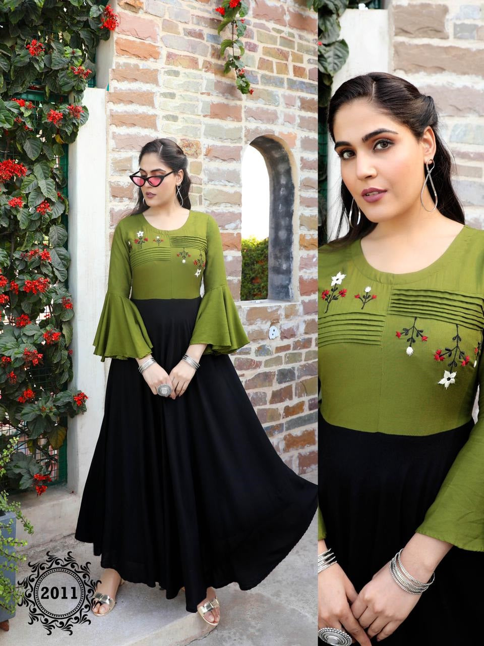 Black & Mehandi Rayon Kurti with Embroidery work