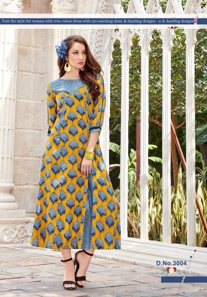 Yellow and Blue Printed A-line Rayon Kurti