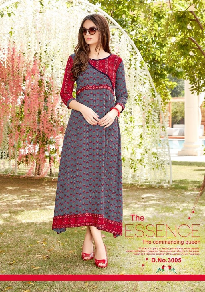 Grey and Red Printed A-line Rayon Kurti