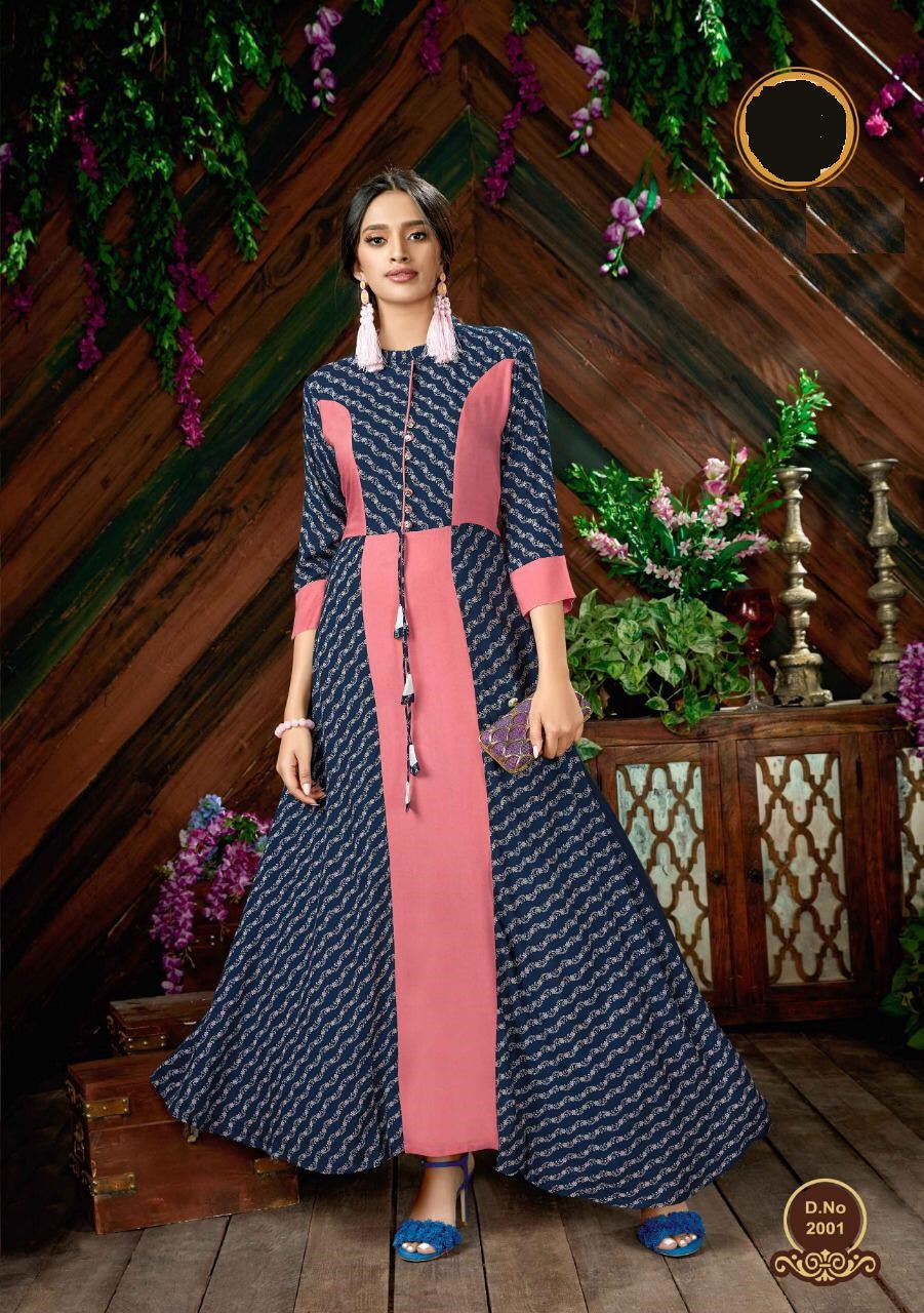 Navy Blue and Pink Printed A-line Rayon Kurti