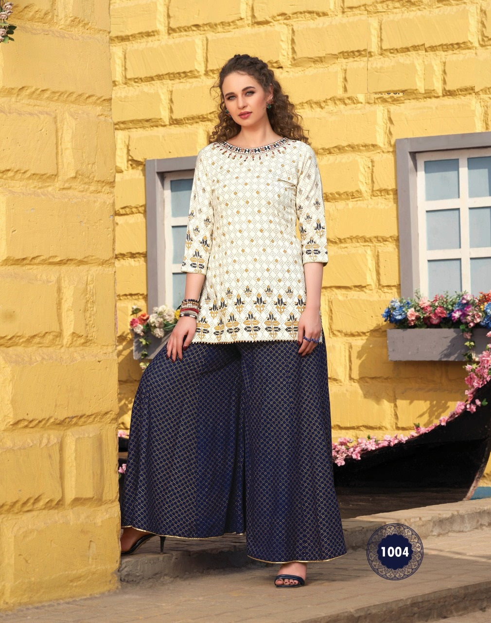Off White Designer Wear Embroidery Short Kurti With Kali Palazzo
