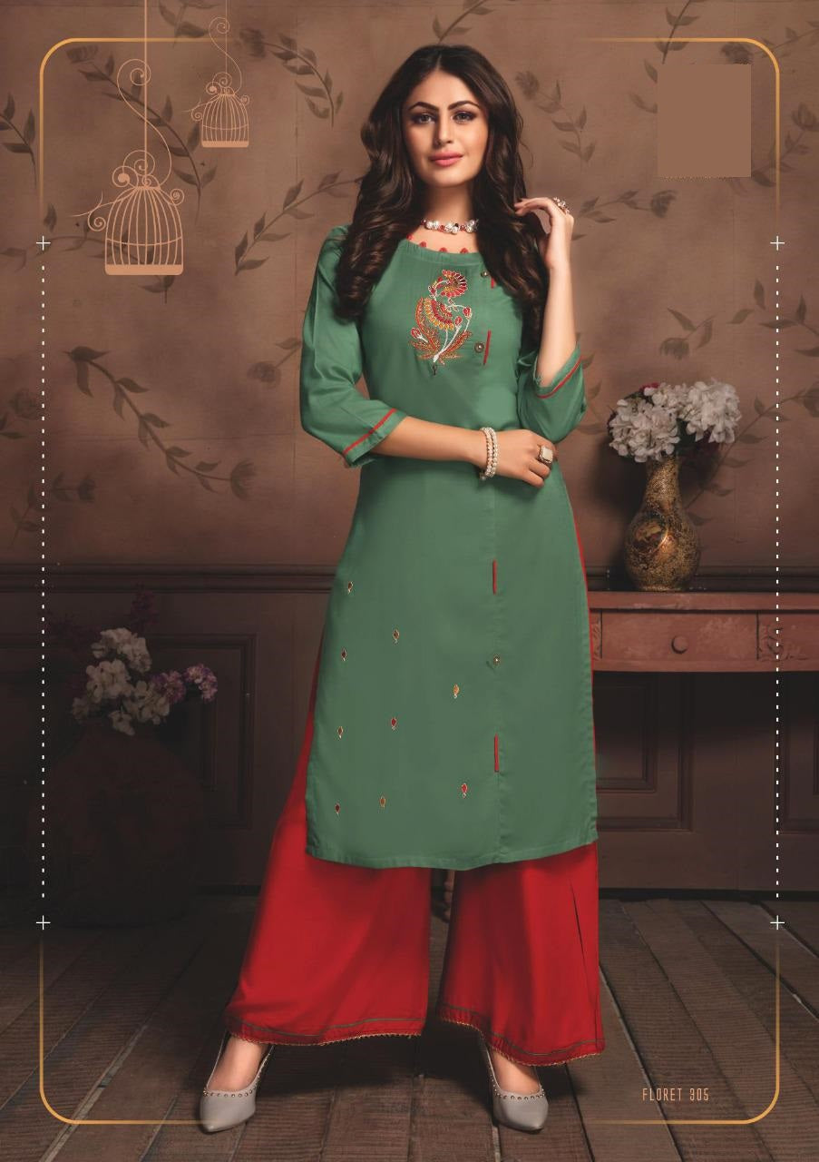 Green Heavy Rayon Embroidery Work Kurti & Rayon Red Palazzo