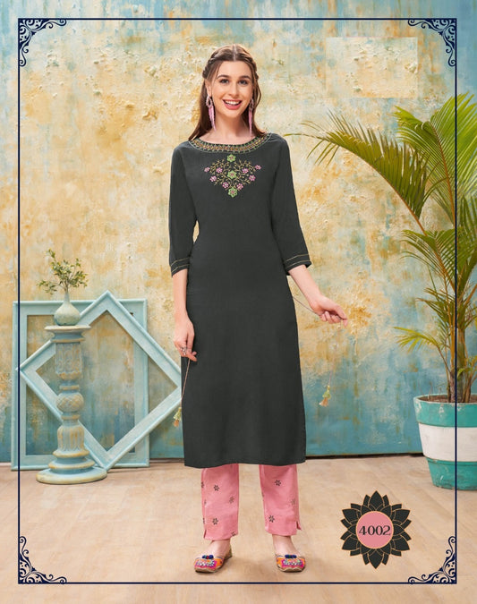 Black Embroidery Casual Wear Kurti With Pink Pant