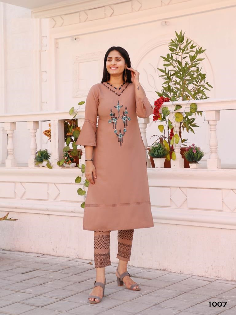 Peach Rayon Embroidery Kurti With Peach Pant