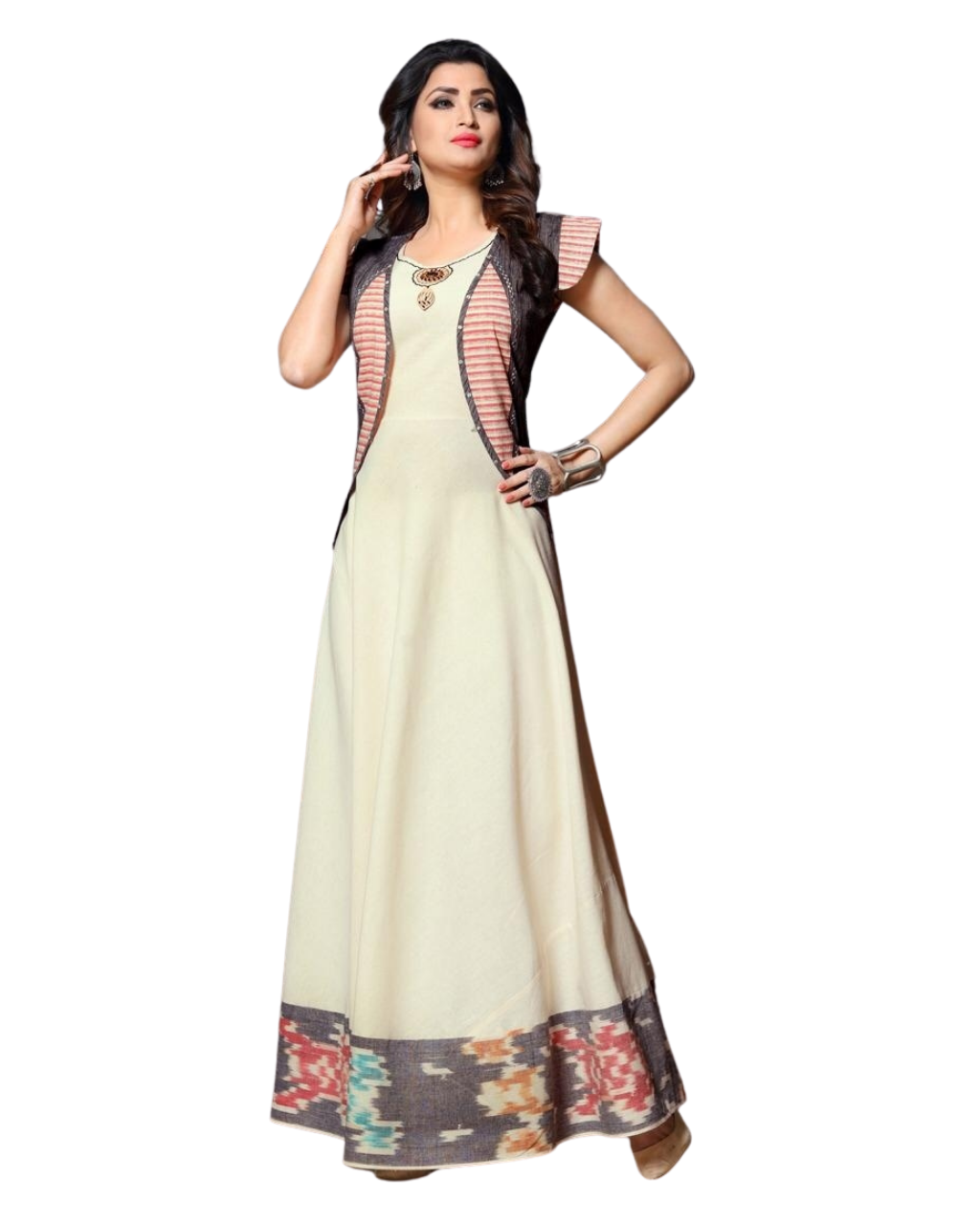 Off White Ikkat South Cotton Long Kurti with Separate Jacket