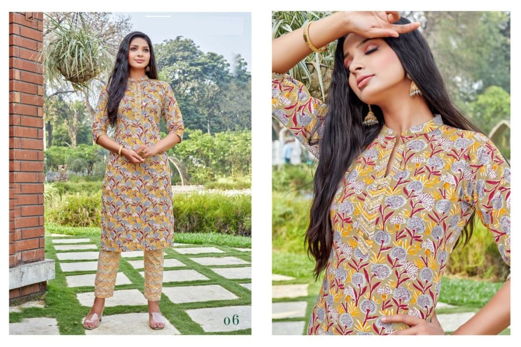 Brick Yellow Cotton Printed Regular Wear Chinese Collar Kurti With Zig zag Lining Printed Pant sets