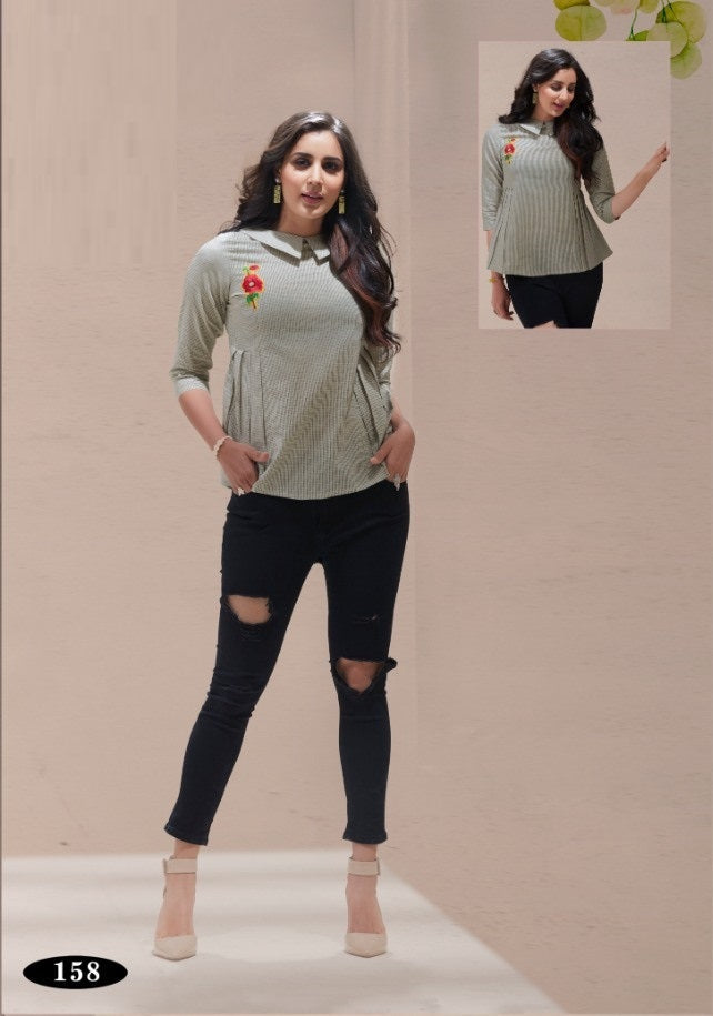 Grey and White Cotton Top with Embroidery Work