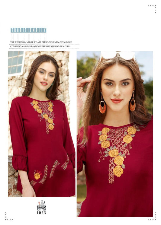 Maroon Heavy Rayon Top With Embroidery