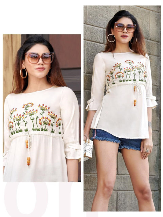 White Heavy Rayon Top With Embroidery
