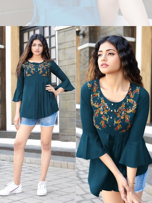 Blue Heavy Rayon Top With Embroidery