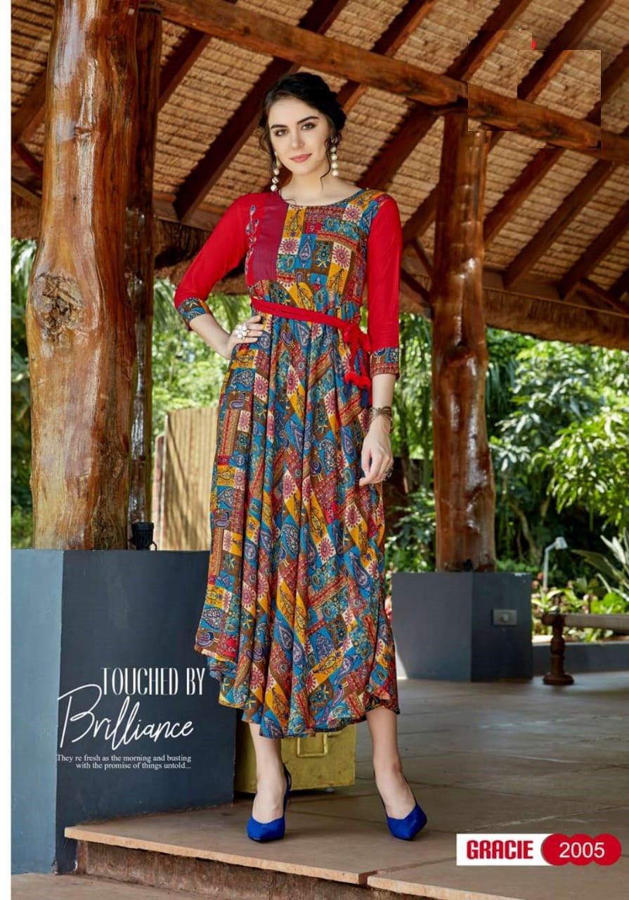 Red and Multicolor Rayon Print Kurti