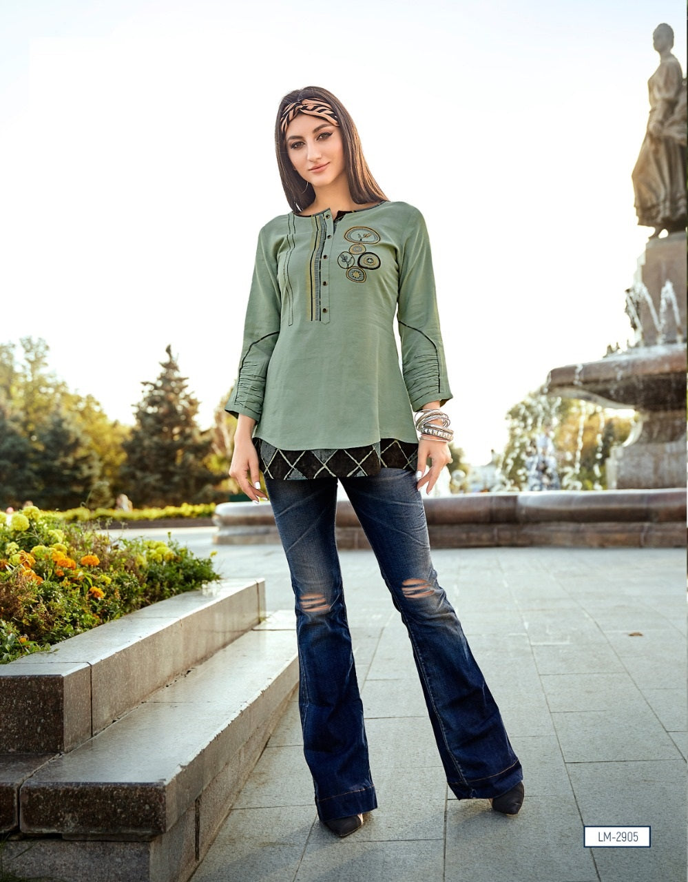 Grey Rayon Flex Embroidery Work Top