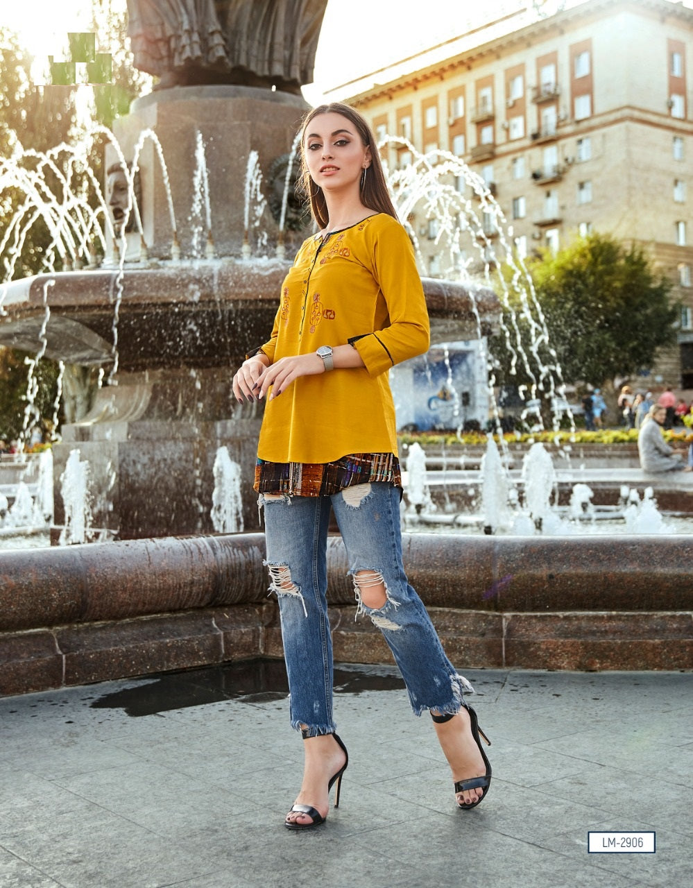 Yellow Rayon Flex Embroidery Work and Print Top