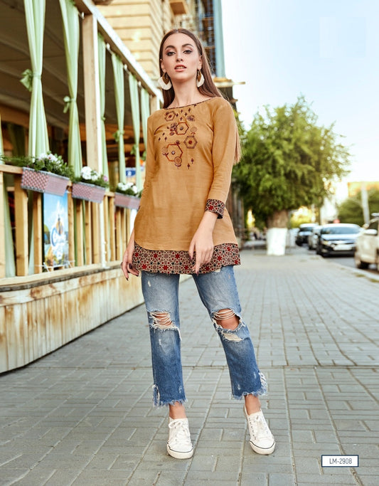 Brown Rayon Flex Embroidery Work and Print Top