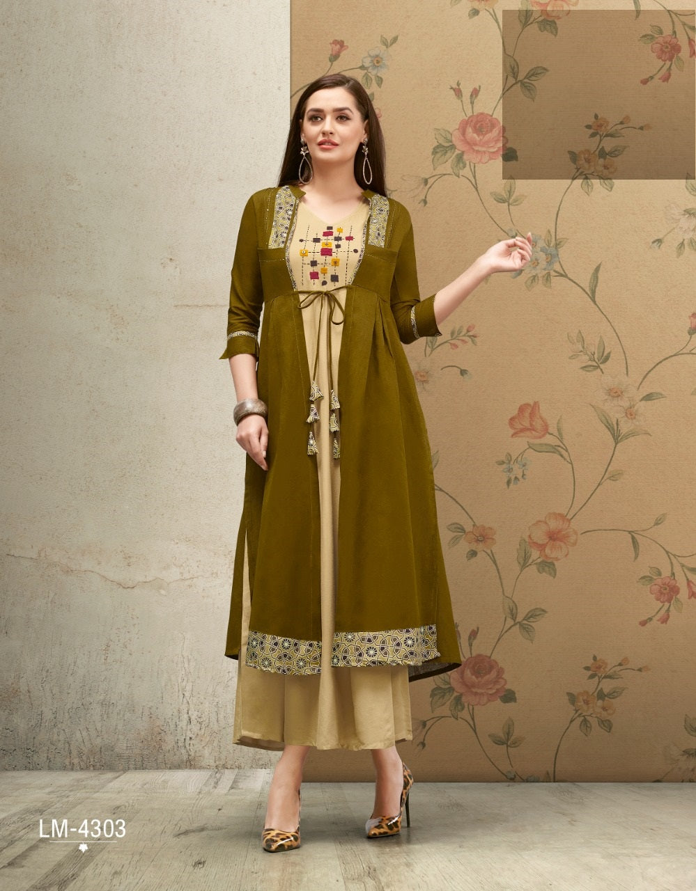 Light Brown Hand Work long Rayon Kurti With Brown Cotton Flex Shrug