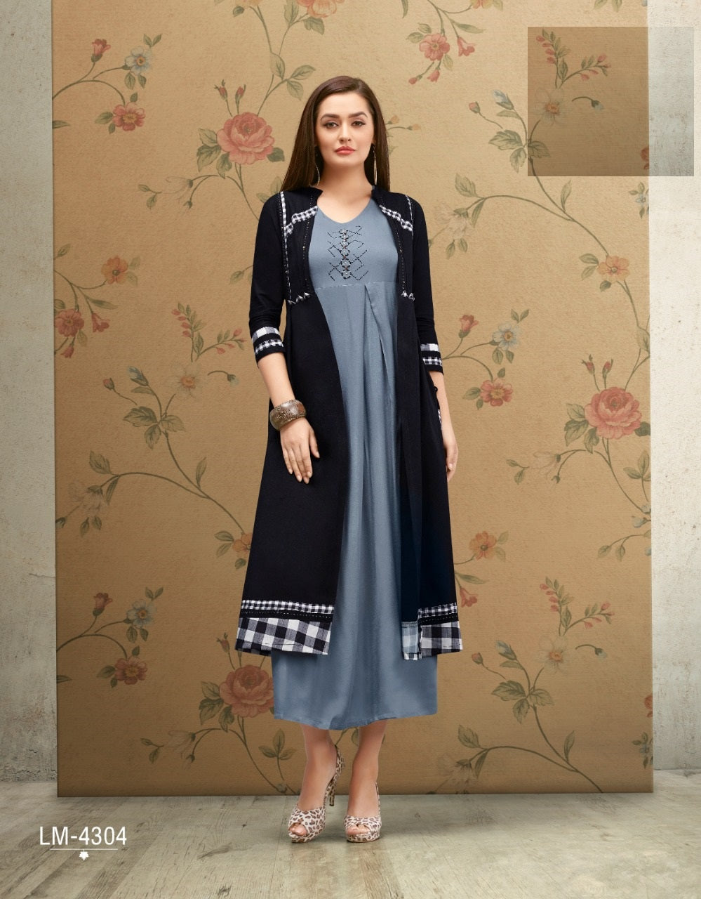 Grey Hand Work long Rayon Kurti With Navy Blue Cotton Flex Shrug