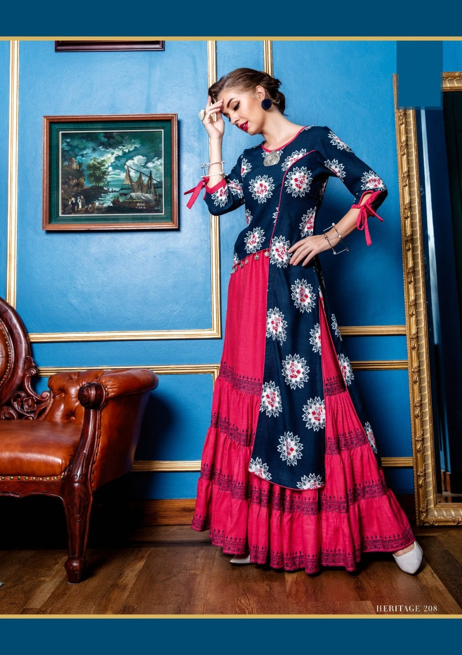 Blue and Pink Long Flared Rayon Fancy Kurti