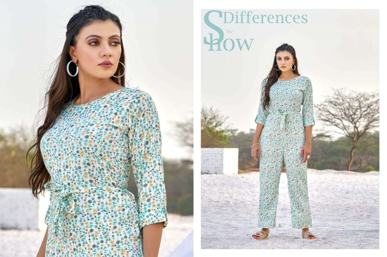 Off White and Multicoor Heavy Rayon Printed Jumpsuit Round Neck With Drawstring Western Wear Jumpsuit A456