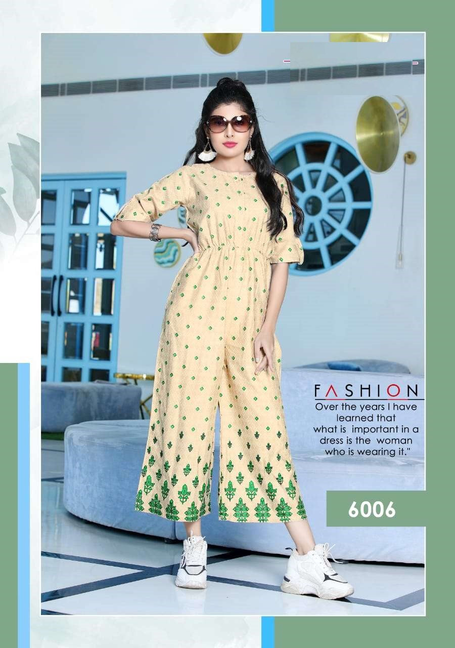 Beige Heavy Rayon Flex Green Print Jumpsuit