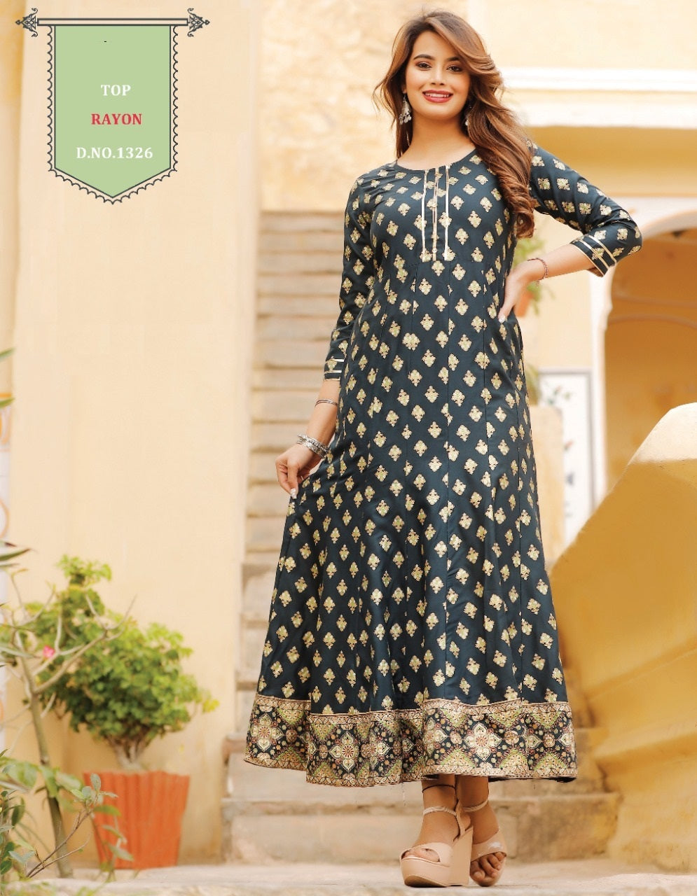 Bottle Green A Line Printed Rayon Kurti A520