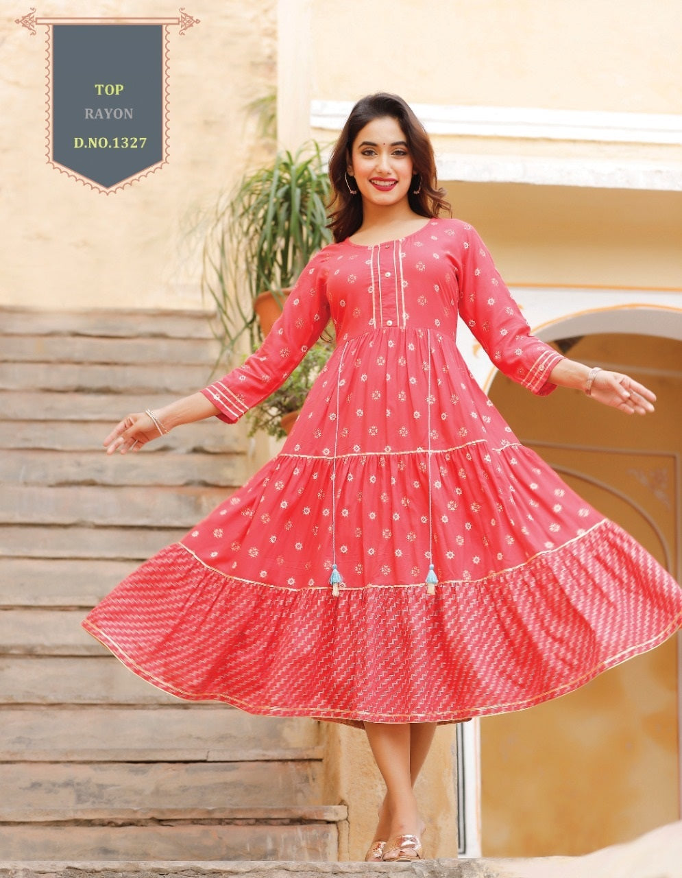Pink A Line Printed Rayon Kurti A522