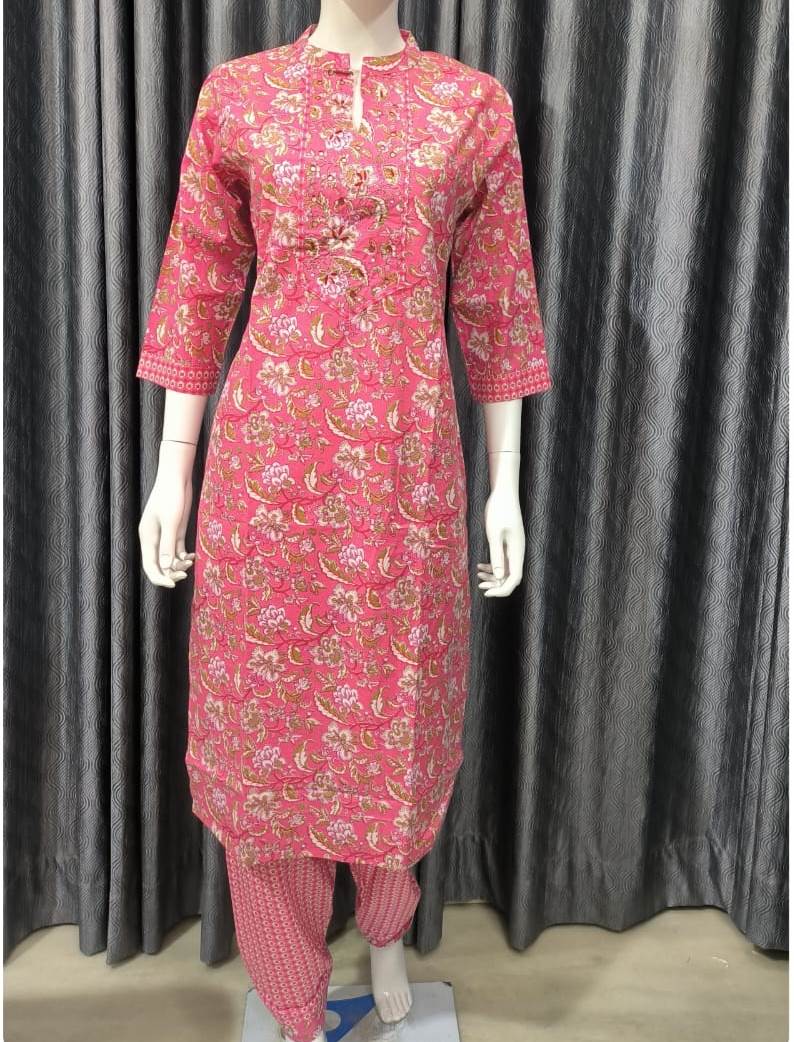Pink Flower Printed Kurti Pant Set
