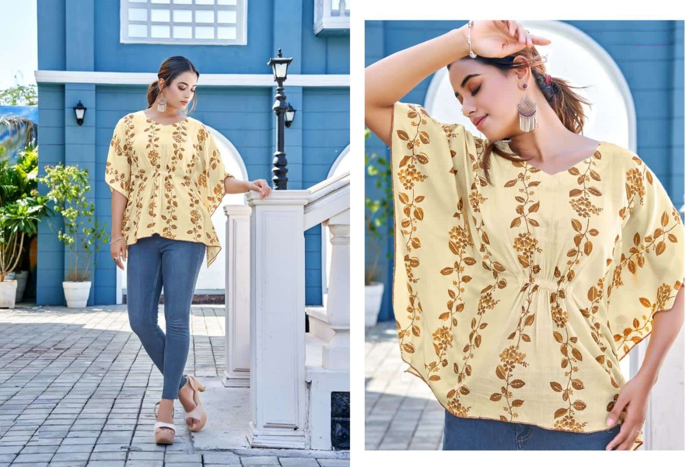 Cream Heavy Rayon Slub Kaftan with Beautiful Printed and different Pattern style fancy Kaftan Short tops A473