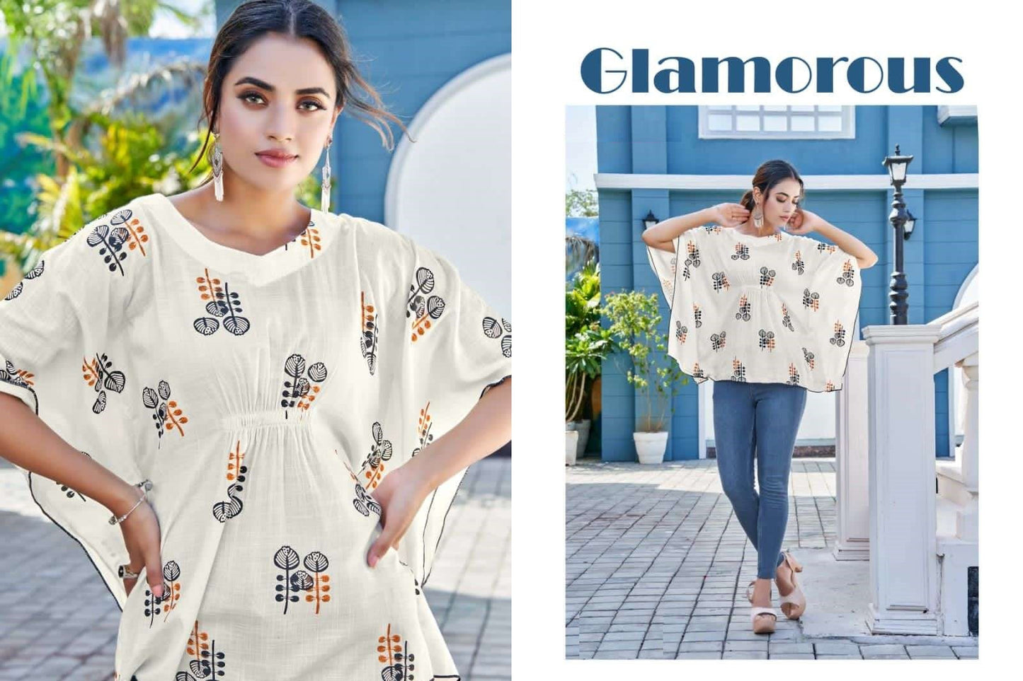 Off White Heavy Rayon Slub Kaftan with Beautiful Print and different Pattern style fancy Kaftan Short tops A474